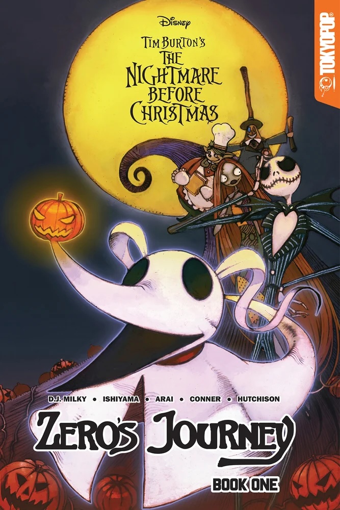 Zero's Journey book one by D.J. Milky book cover, depicting Zero in the front. Behind him are Jack Skellington, Sally, and other characters, a yellow moon, and various jack-o'-lanterns.