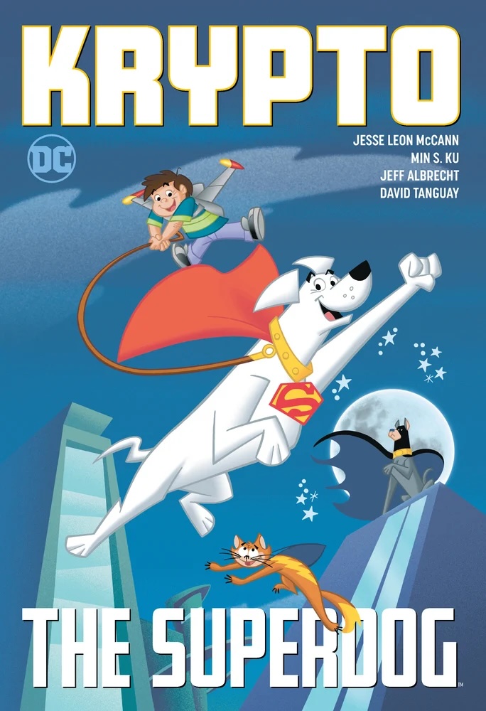 Krypto the Superdog by Jesse Leon McCann book cover, depicting Krypto in a flying pose wearing a Superman dog collar and red cape. A kid is being pulled by the leash attached to the collar. On a nearby building, there is a Batman dog in front of the moon and a cat that is falling. 'Krypto' is written in big white text at the top while 'The Superdog' is written in a similar font at the bottom.
