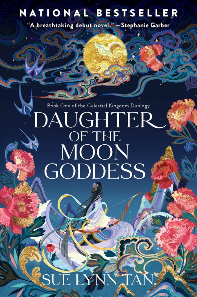 Daughter of the Moon Goddess by Sue Lynn Tan book cover. Depicts a night sky with a yellow moon and a figure holding a bow and arrow surrounded by pink flowers.