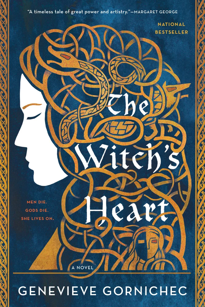 The Witch's Heart by Genevieve Gornichec book cover. Depicts a graphic illustration of a woman's side profile. Her hair is made up of Norse style artwork with snakes tangled within it.