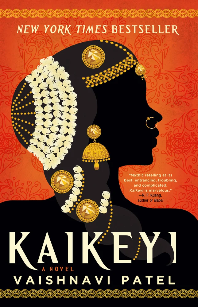 Kaikeyi by Vaishnavi Patel book cover. Depicts a silhouette of a side profile of a woman with traditional Indian accessories on her hair and face.