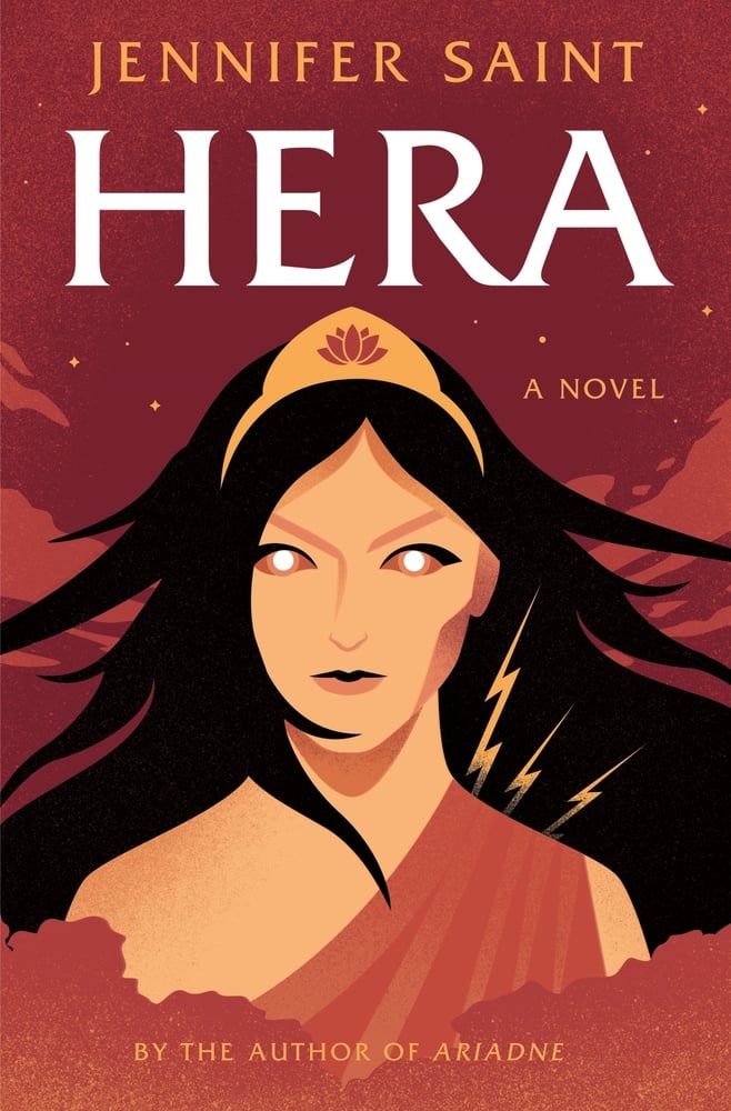 Hera by Jennifer Saint book cover. Depicts a graphic illustration of a woman with dark hair flying out around her wearing a golden crown. She has an angry expression on her face and her eyes glow.