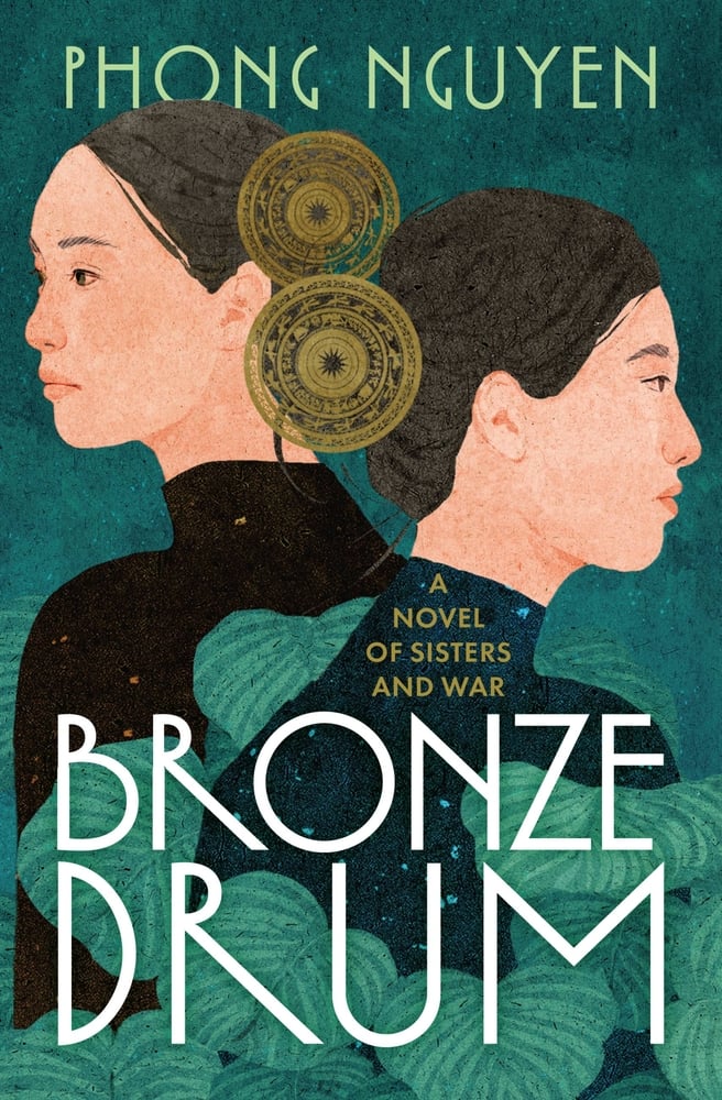 Bronze Drum by Phong Nguyen book cover. Depicts an illustration of two sisters with their backs to each other.