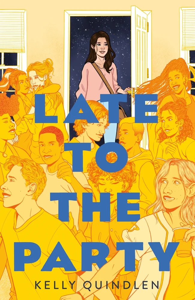 Late to the Party by Kelly Quindlen book cover of a brunette walking through a door to a party filled with people illustrated in yellow.