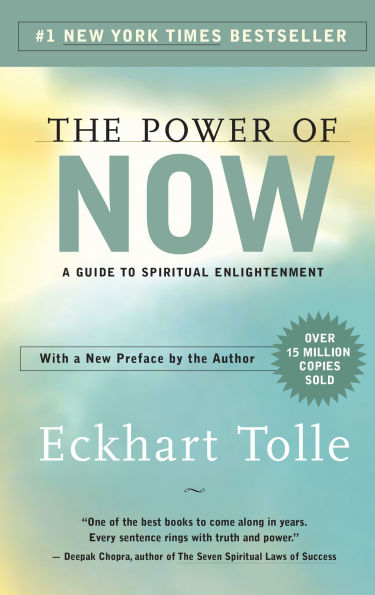 Book cover of "The Power of Now" by Eckhart Tolle, with a soft gradient background. Text highlights it as a bestseller and mentions 15 million copies sold.