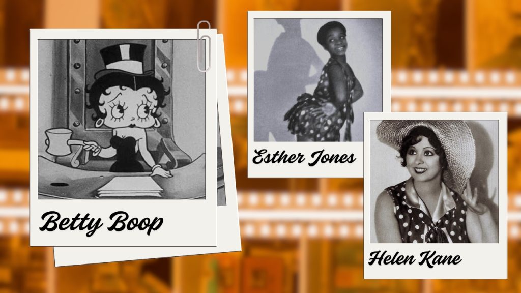 A blurred background of orange-tinted film reels. To the left is a polaroid photo of a black-and-white animated girl with curly dark hair, hoop earrings, and a black strapless dress wearing a top hat and holding a gavel. In black cursive is the name Betty Boop. On the right are two black-and-white photos of jazz performers Esther Jones and Helen Kane, with their names written in the same style.