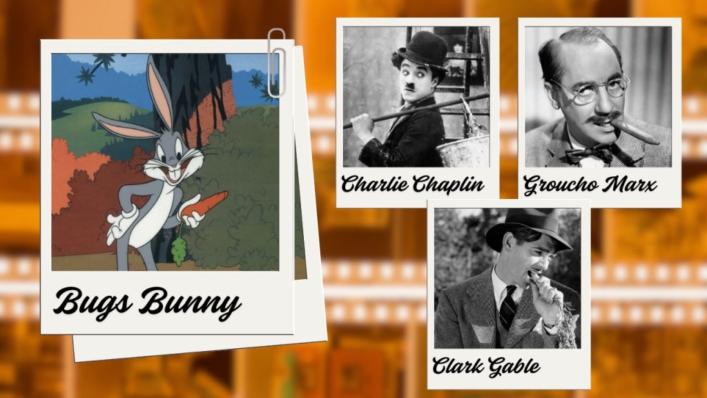 A blurred background of orange-tinted film reels. On the left is a polaroid picture of a gray animated rabbit holding a carrot and grinning. Bugs Bunny is written below in black cursive text. On the right are three black-and-white polaroid photos of Charlie Chaplin, Groucho Marx, and Clark Gable. Their names are written below in the same style.