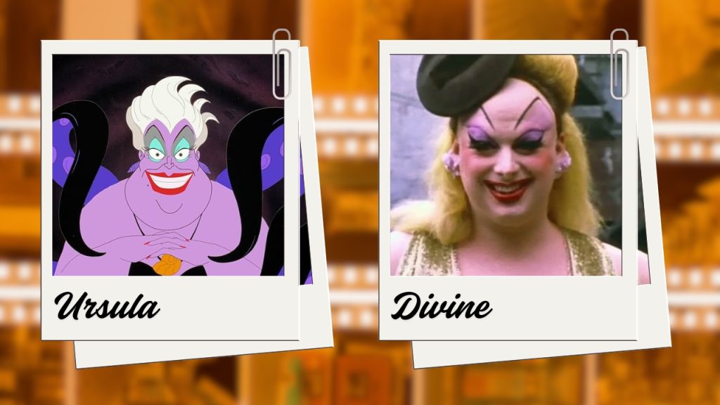 A blurred background of orange-tinted film reels. On the left is a polaroid photo of a grinning animated purple octopus witch with white hair, exaggerated blue eyeshadow, and red lipstick. Ursula is written in black cursive text below. On the right is a polaroid photo of a smiling drag queen with blonde hair, exaggerated brows, purple eyeshadow, and red lipstick. Divine is written below in the same style.