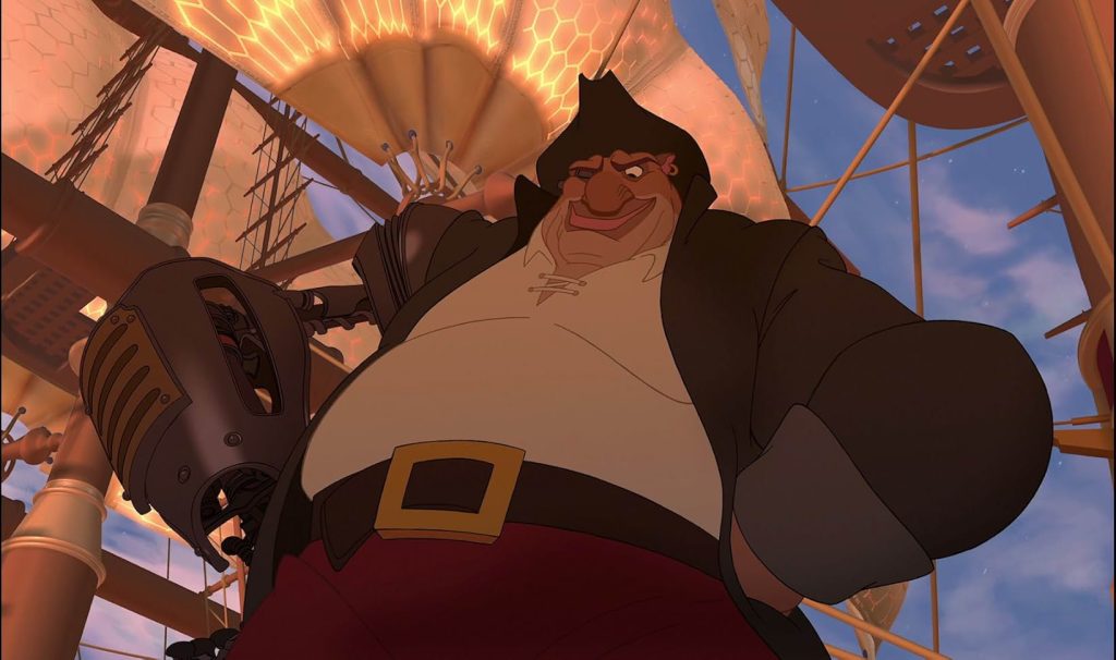 A still from the 2002 movie Treasure Planet. A large animated man with a black tricorne cap, black coat, and a robotic arm stands with his hands on his hips. Behind him are the sails of a golden ship against the blue sky.