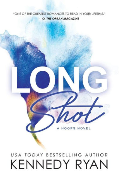 Book cover of "Long Shot" by Kennedy Ryan. Abstract watercolor splash in blue and yellow. Bold title text overlaid.