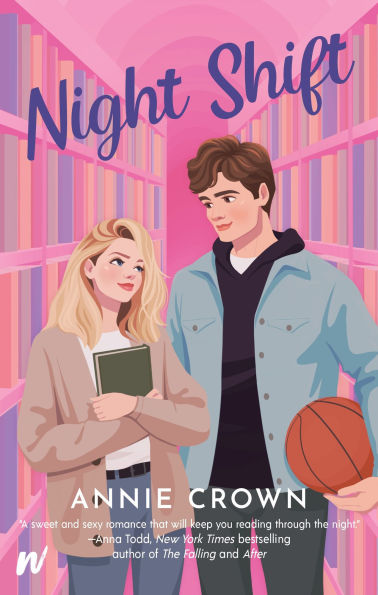 Book cover of "Night Shift" by Annie Crown. A young woman holds a book and smiles at a man with a basketball. They stand between colorful bookshelves.