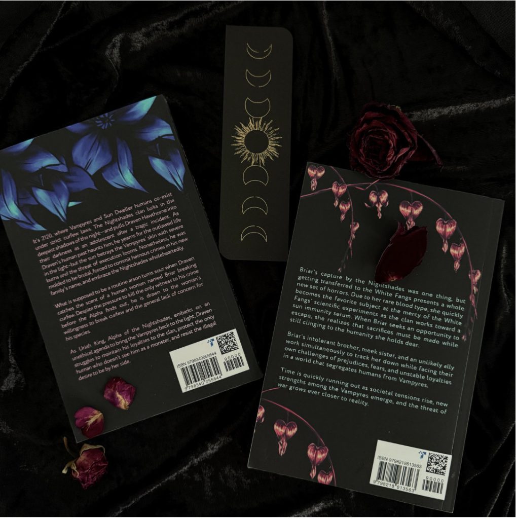 Flat lay of the back covers of Talia Wall’s Until Equinox Book One and Book Two on a black velvet background, alongside a celestial bookmark featuring gold moon phases and a sun motif.
