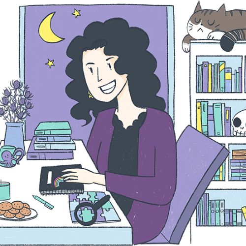 Illustration of Lauren Magaziner, a light skinned dark haired woman, sitting at a desk with notebooks before a bookshelf and night sky in the window as her cat naps atop of the bookshelf.