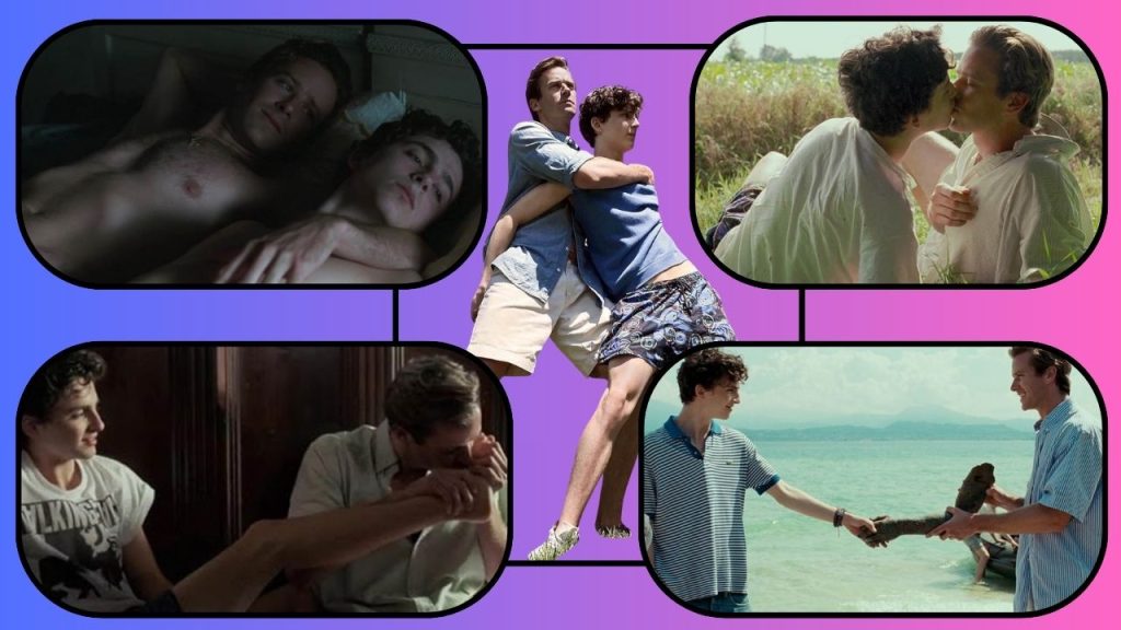Purple and Pink background with four screenshots from the film showing how their relationship evolved over the summer, plus a fifth outline of them in the center.