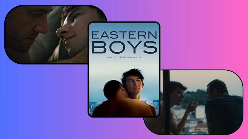 Purple and pink background with two screenshots from the movie showing them being intimate in Paris, plus the movie poster.