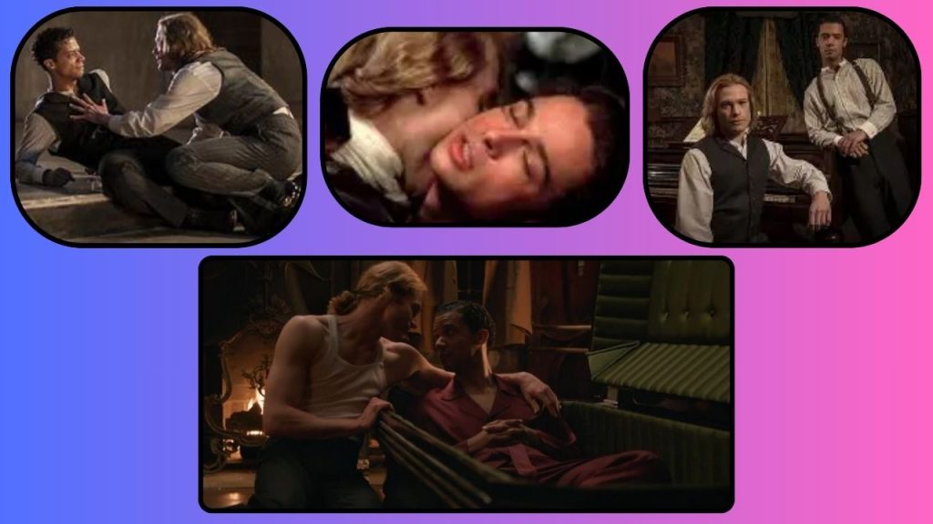 Purple and pink background with four screenshots of Louis and Lestat being lovers throughout the story.