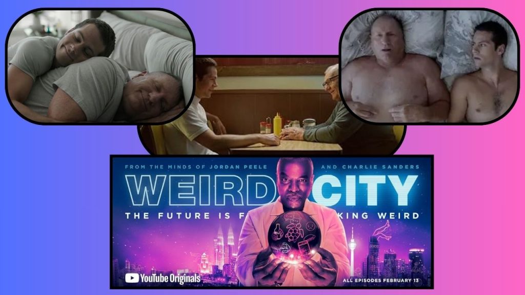 A purple and pink background, with three screenshots from the show showing Burt and Stu being intimate, plus the poster for the show's premiere.