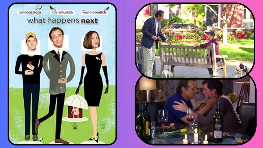 Purple and pink background, showing two screenshots from the movie where Paul and Andy meet and get to know each other, plus the movie poster.