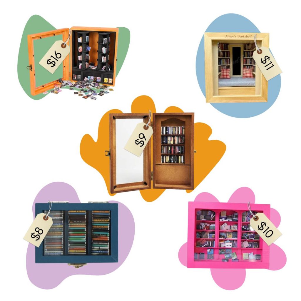 A collage of five anxiety bookshelves with prices hanging to showcase the different sizes available.