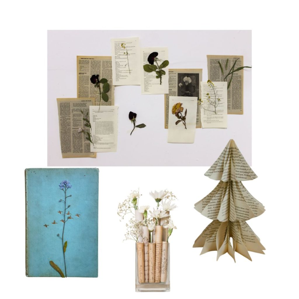 A collage of DIY projects one can do with old book pages including: wall art, origami folding, mounting a book cover, and rolling paper into a square vase with fake flowers.