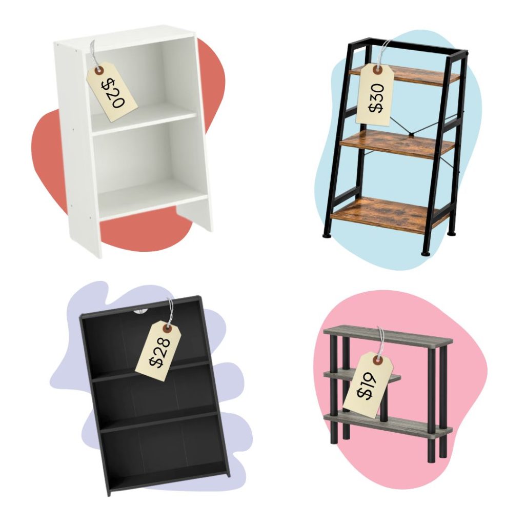 A collage of four affordable bookshelves in varied styles with labeled prices for information.