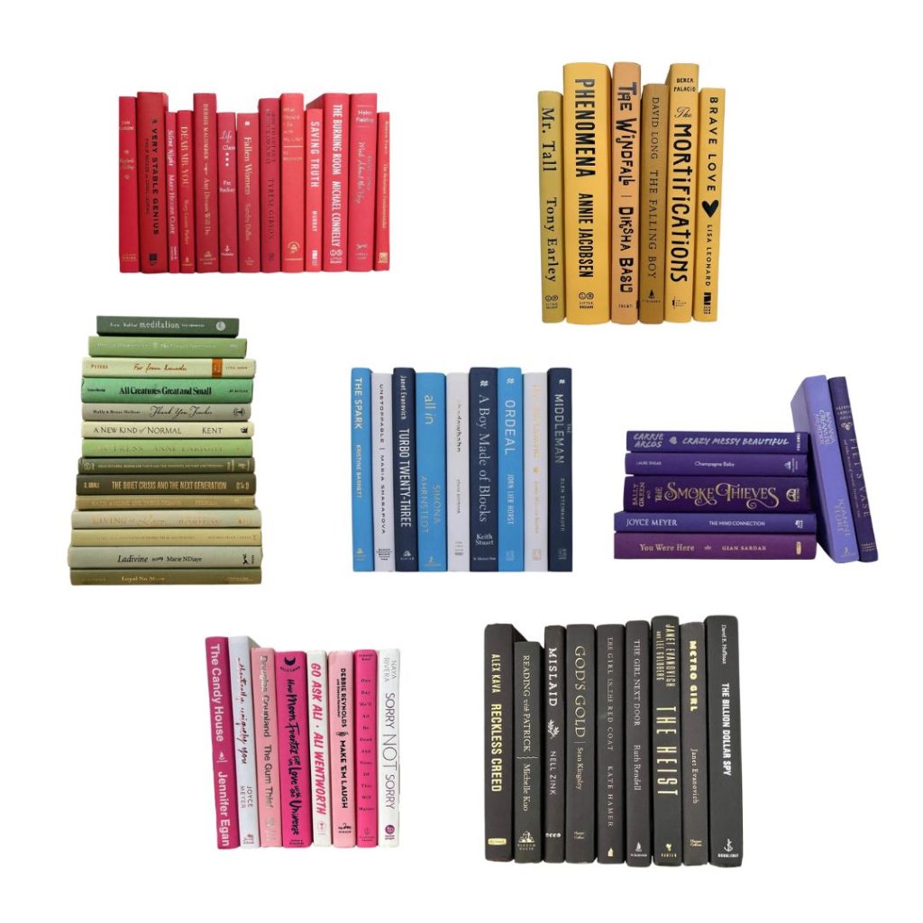 A collage of staging books for a themed room with collections of books in red, yellow, green, blue and white, purple, pink and white, and black.