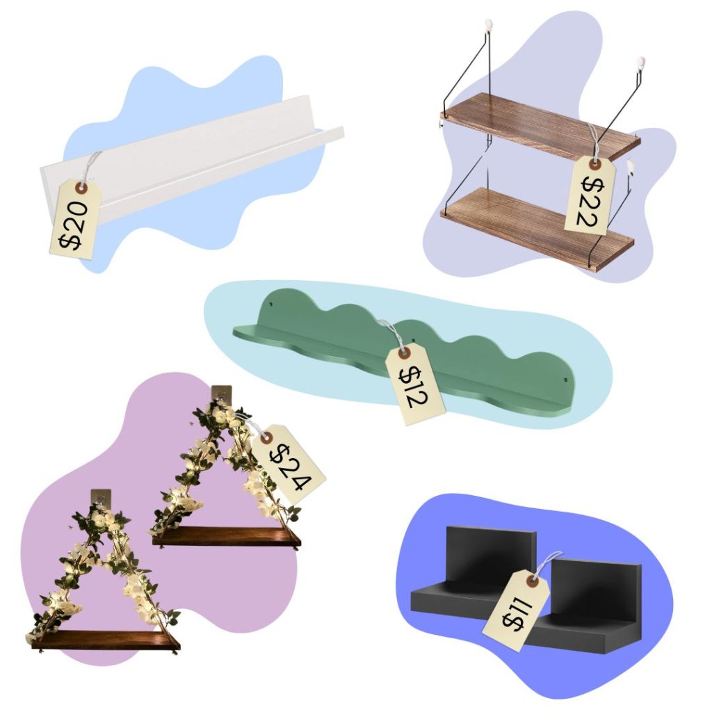 A collage of five hanging bookshelves that don't damage walls.