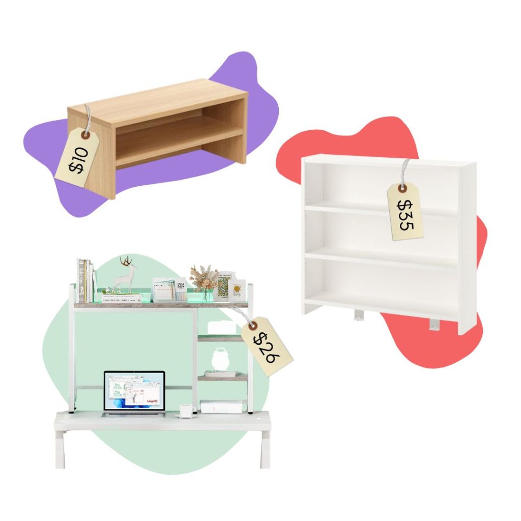 A collage of three affordable dorm room desk hutches with price tags hanging on them.
