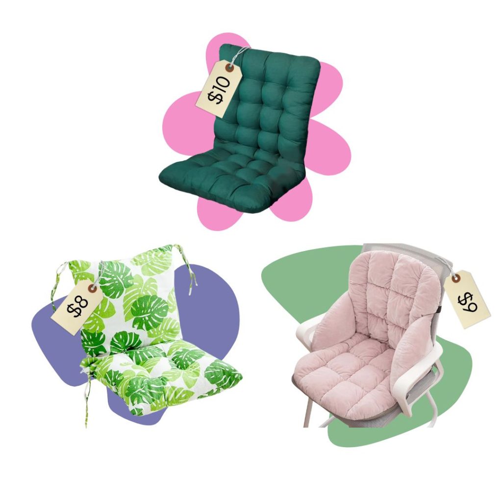 A collage of three seat cushions to add to your office chair to be more comfortable in a dorm room.