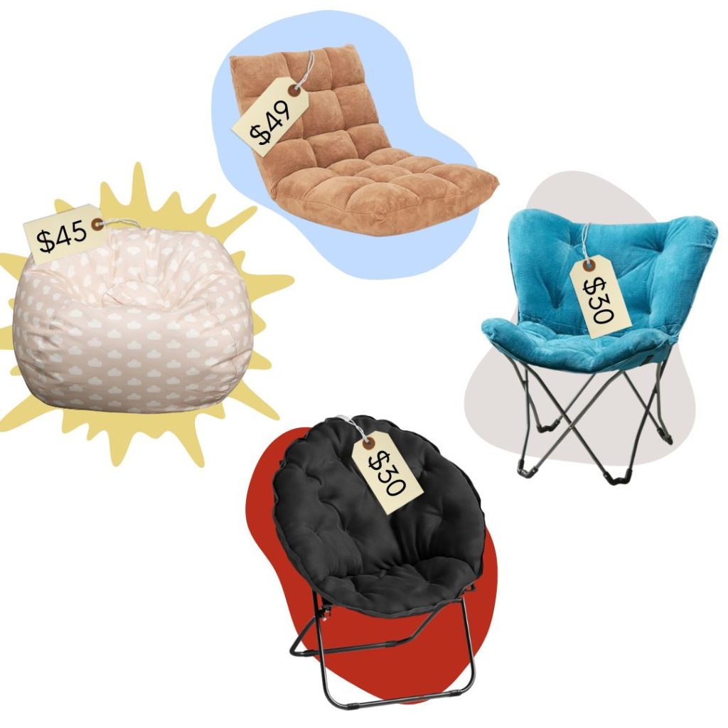 A collage of four affordable dorm room chairs of varied styles with prices listed.