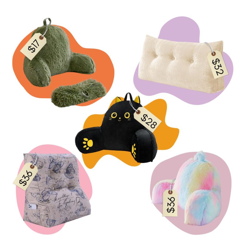 A collage of five reading pillows to add to your bed for added support when reading books in bed.