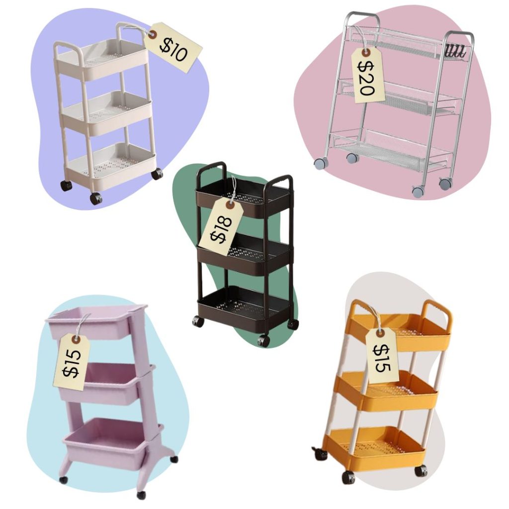 A collage of five different colored rolling carts with price tags.
