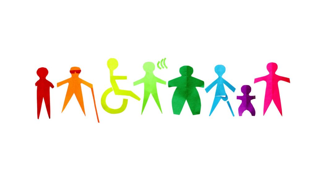 A line of disability representation in the form of many-colored human depictions akin to those you see on bathroom plaques. Those included are an amputee, a person who is blind, a wheelchair user, a person who is deaf, a person of different bodily proportions, a person with a prosthetic leg, a person with dwarfism, and someone without visible disabilities.