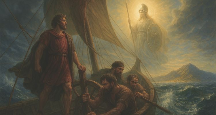 Depicts a painting of Odysseus on a boat with three crewman rowing and Athena in the sky guiding them.