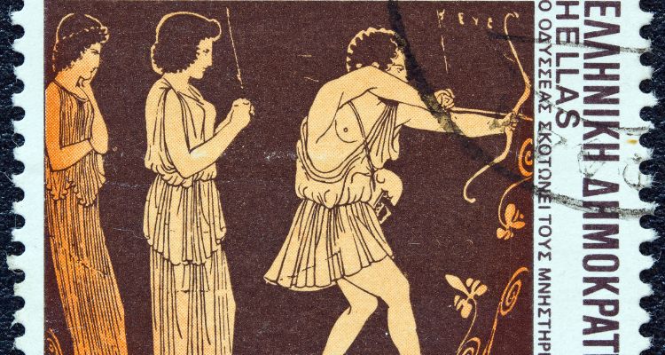 Depicts a stamp with figures from Greek mythology. A man with a bow and arrow and two women standing behind him.