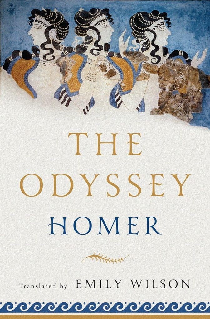 The Odyssey by Homer, translated by Emily Wilson book cover. Depicts three drawings of female figures in traditional Greek clothing.