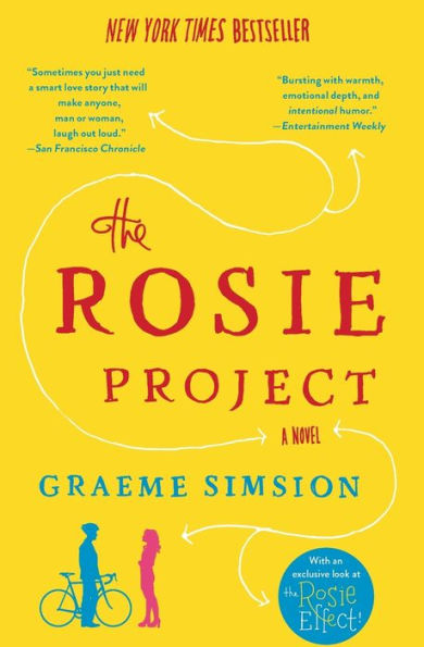 Book cover of "The Rosie Project" by Graeme Simsion. Features red title text, blue author name, and a simple illustration of a man and woman with a bike.