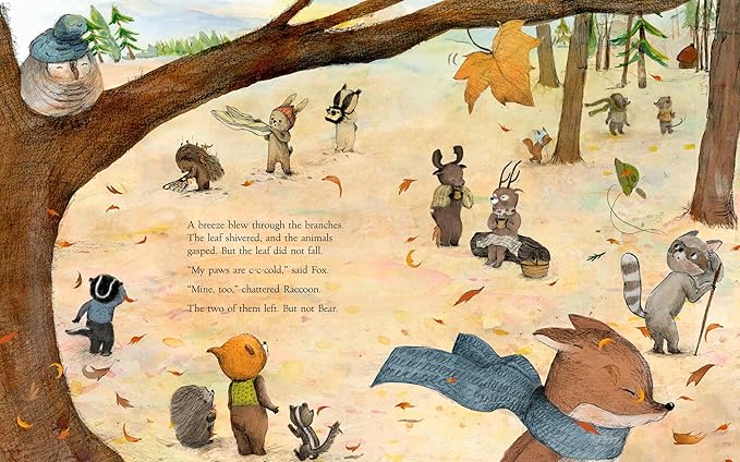 Page spread from The Wishing Tree by Kallie George, depicting many animals of different species in a forest. Most are looking up towards a tree branch in the corner of the page that has one yellow leaf hanging from it. The colors are mainly brown and yellow.