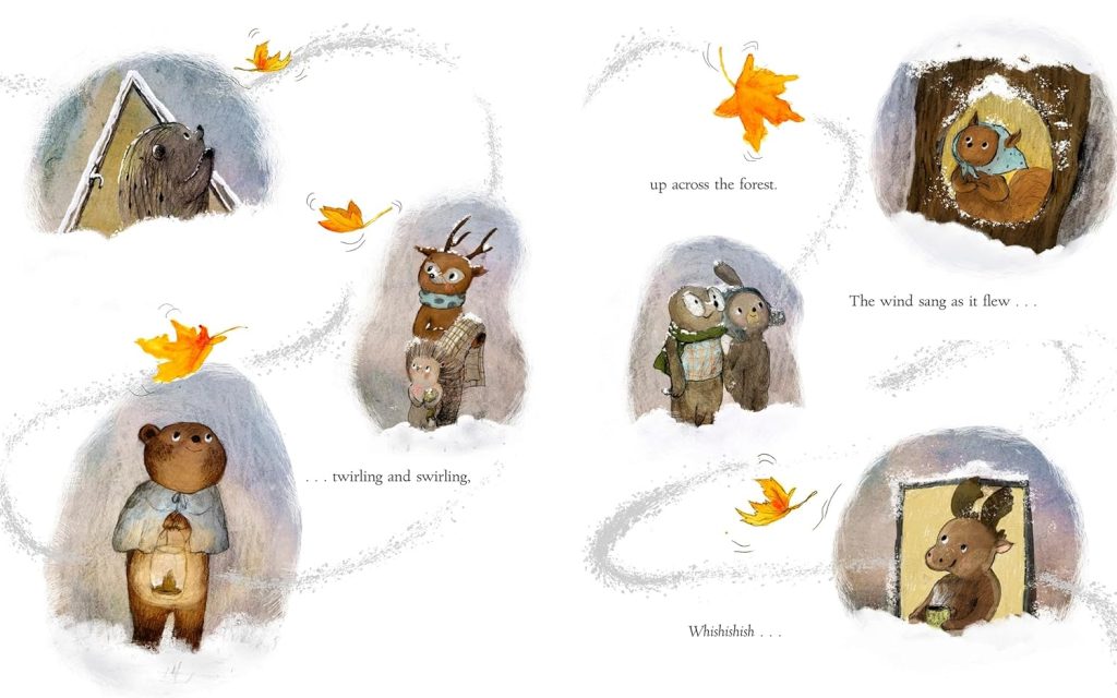Page spread from The Wishing Tree by Kallie George depicting an orange leaf traveling. In blue patches spread throughout the pages are illustrated animals looking at the leaf as it floats by.