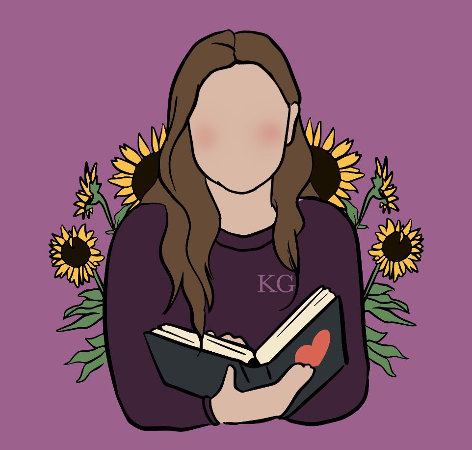 Kate Golden's author avatar, a faceless illustration of a blushing light-skinned woman with long, light-brown hair, wearing a dark purple sweater with the initials KG printed in lilac. Kate's avatar holds an open book with a red heart on the front cover. Behind her are a group of sunflowers on a lilac background.