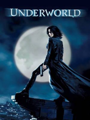 Underworld, action horror film series, moveie poster. White woman with black hair and leather clothing, is perched on the ledge of a building, overlooking the city, whilst holding a gun. Moon in the background with a silhouette of a werewolf in it.