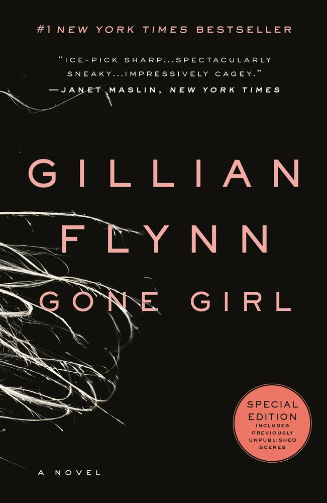 Gone Girl book cover with pink text on black and white hair strands.