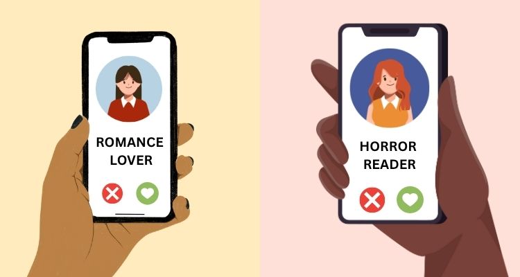 The right side of the image depicts an illustrated hand holding a phone. On the phone screen is an image of a woman with the words "romance lover" under her photo, a green heart button, and a red X button. The right side also depicts a hand holding a phone with a similar screen, but it says "horror reader" instead. The background yellow on the left side and pink on the right.