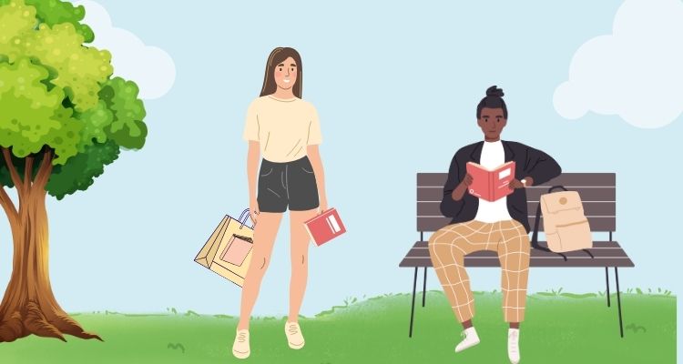 Illustration of a woman holding a pink book and a bag staring at a man who is sitting at a bench and reading from a pink book. The background shows a tree and a cloudy sky.