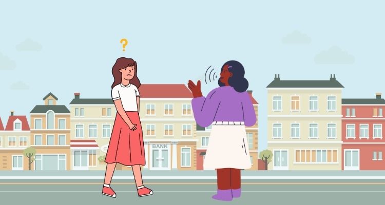 Illustration of a woman in a white top and pink skirt with a confused look on her face and a question mark above her, walking towards a woman in a purple dress and white skirt who is speaking. The background shows a town and blue sky.
