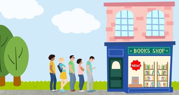 Illustration of a bookshop with a red "new!" sign on it. There is a queue of five people waiting in line outside of it. The background depicts a blue, cloudy sky, trees, and grass.