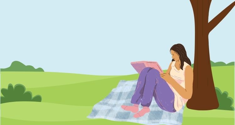 Illustration of a woman in a beige tank top, purple pants, and pink socks leaning against a tree. She is sitting on a blue picnic blanket and reading a book with a pink cover. Behind her is a grassy landscape and a blue sky.