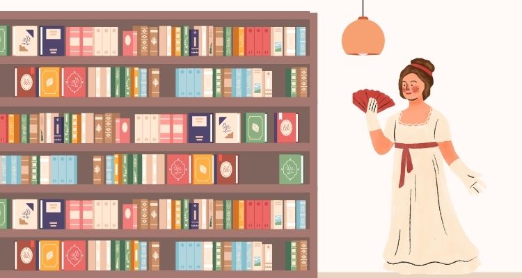 An illustrated bookshelf filled with books is on the left side of the image. On the right side is an illustrated woman in a beige, vintage dress with gloves and a folding fan. Above her is an orange light.