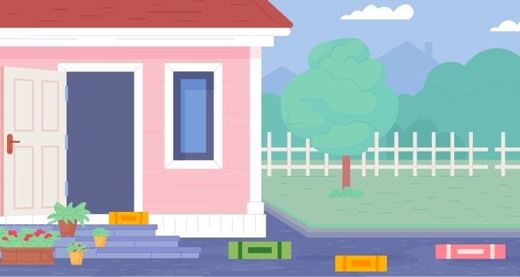 Illustrated front exterior of a pink house with an open front door. There is a trail of multicolored books leading up the driveway and to the door. The background depicts a white fence and trees.