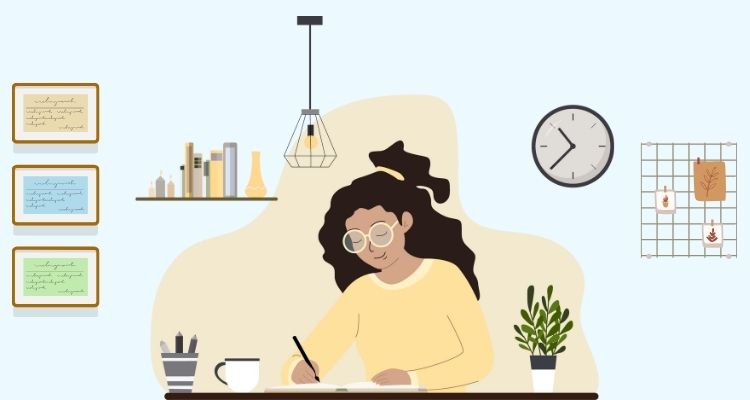 Illustrated woman with curly dark hair in a yellow sweatshirt and yellow glasses writing at her desk. The background depicts wall decor such as a shelf, light, and clock while her desk holds pens, a mug, and a plant.